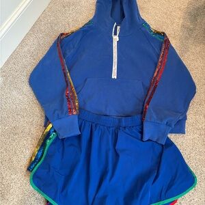 QOS Blue Half Zip Hoodie and Short Set with Sequin Stripes.